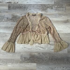 Vintage Sheer Gold Lace Peplum Blouse M Flared Sleeve Velvet Ribbon Fairycore